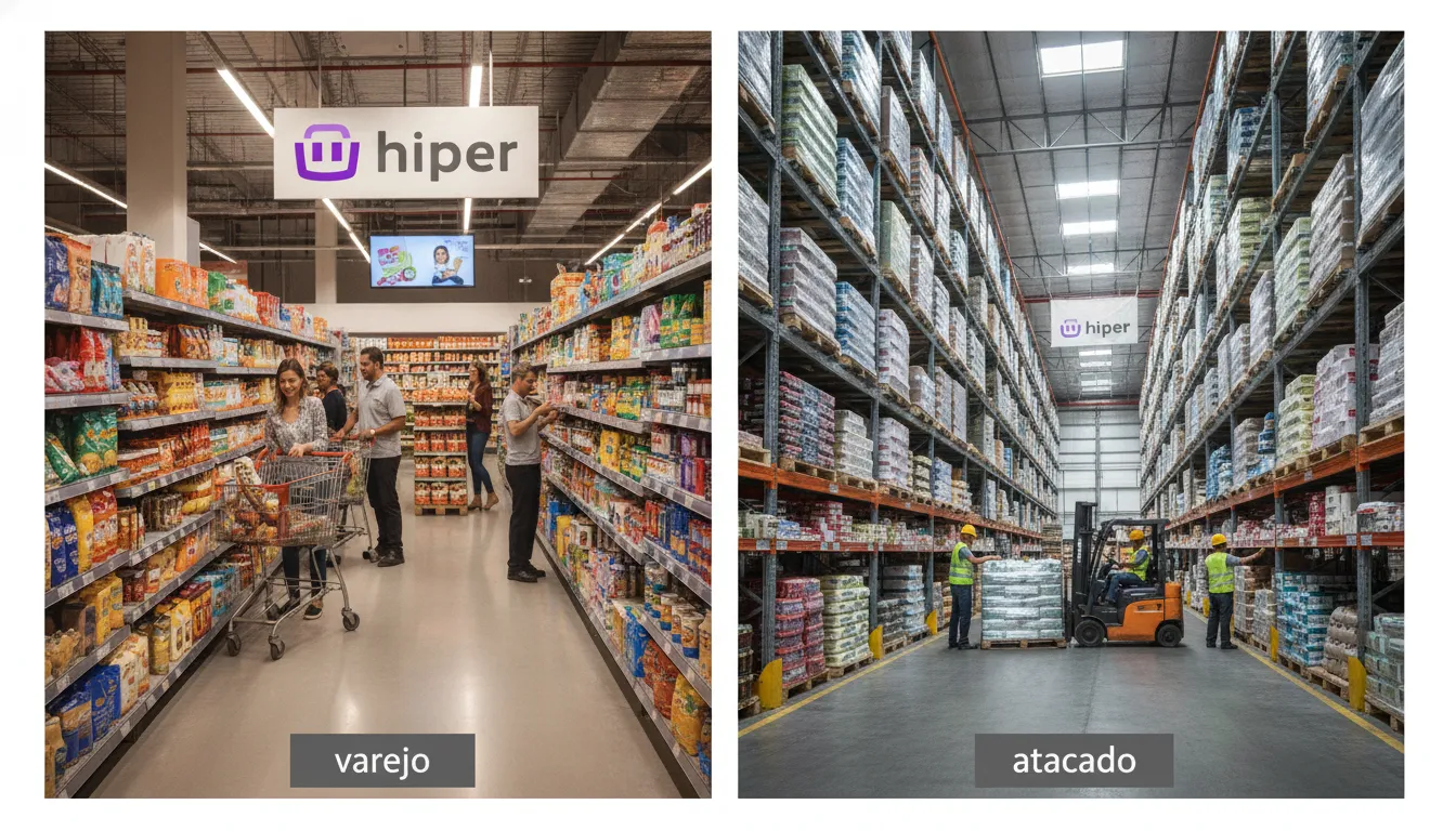 Comparativo visual fotorrealista atacado e varejo, mostrando ambientes distintos e operações de cada modelo.