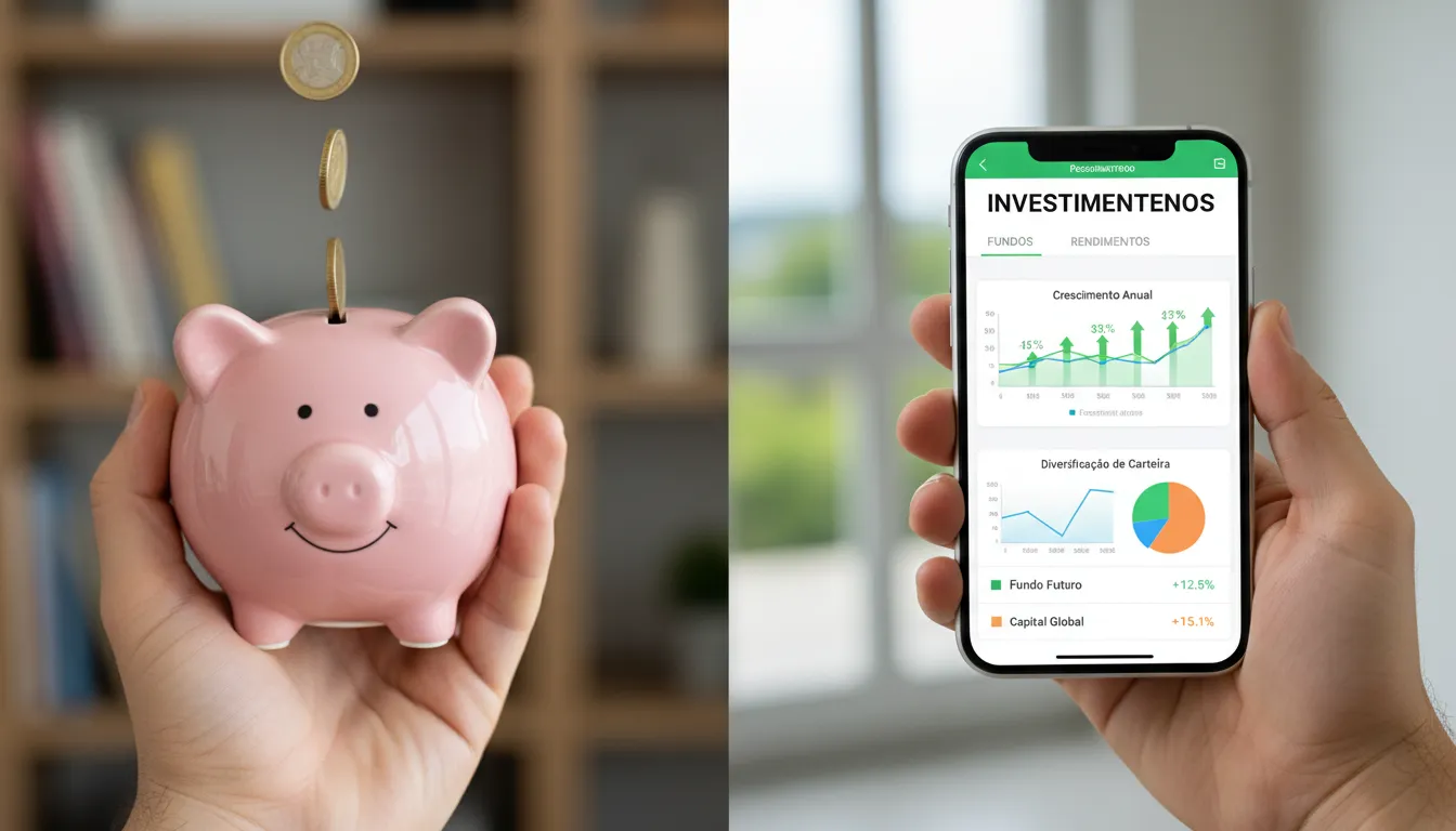 Mão segurando cofrinho e smartphone aberto em app de investimentos, simbolizando equilíbrio financeiro.