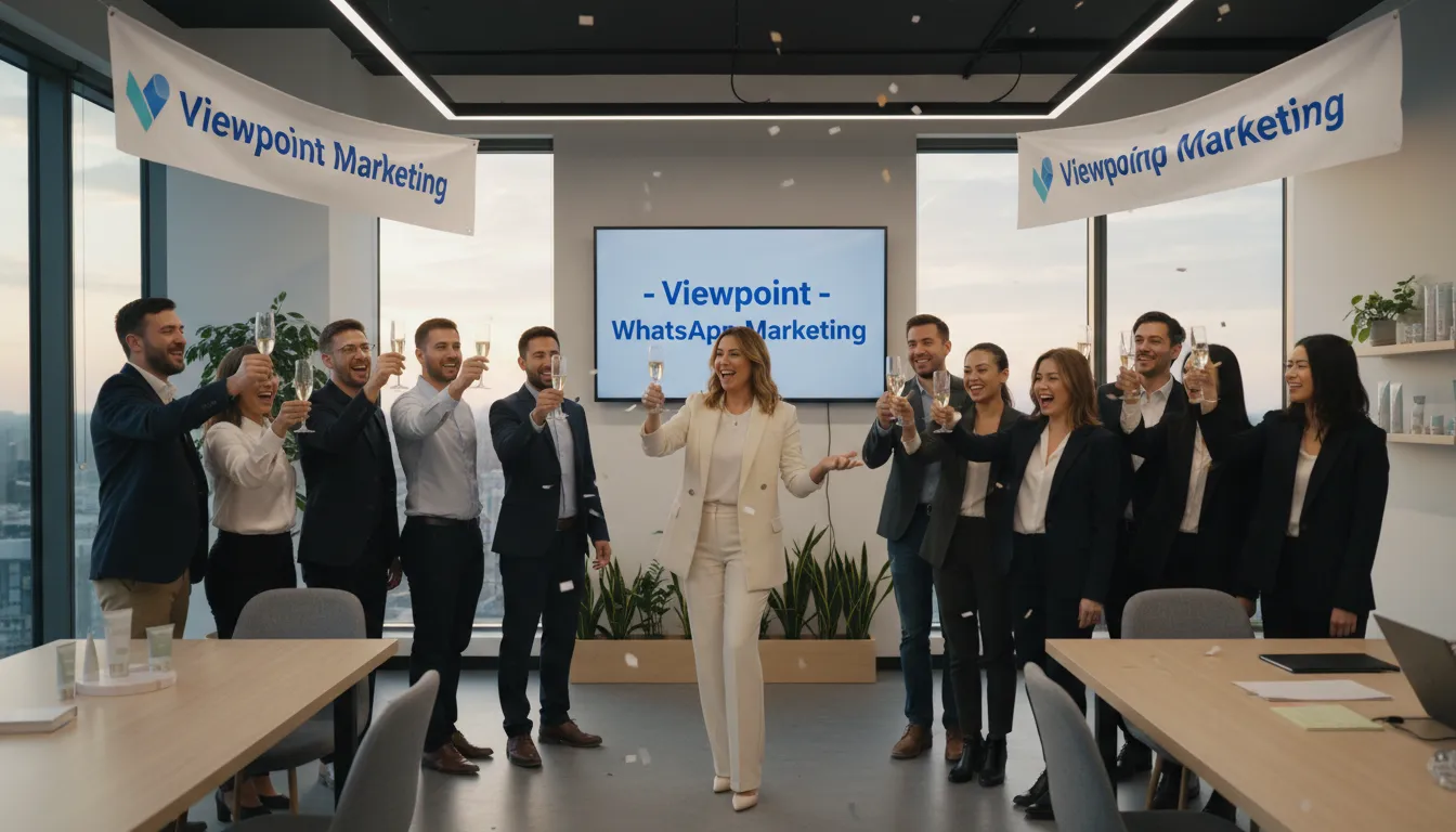 Dono de marca wellness comemora sucesso com a equipe, usando lista de transmissão whatsapp para marketing, em escritório moderno.