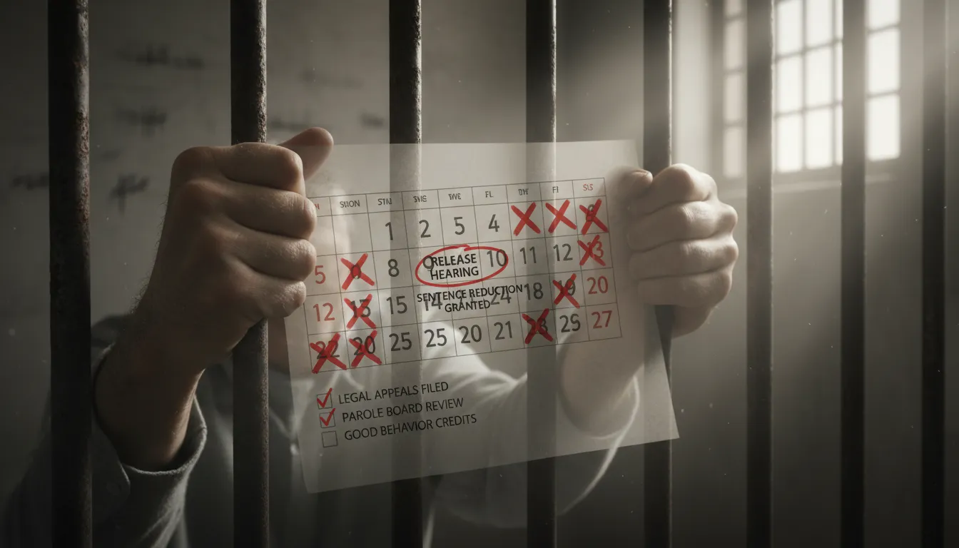 Mãos segurando grades com calendário ao fundo, representando redução da pena pelo tempo já cumprido.