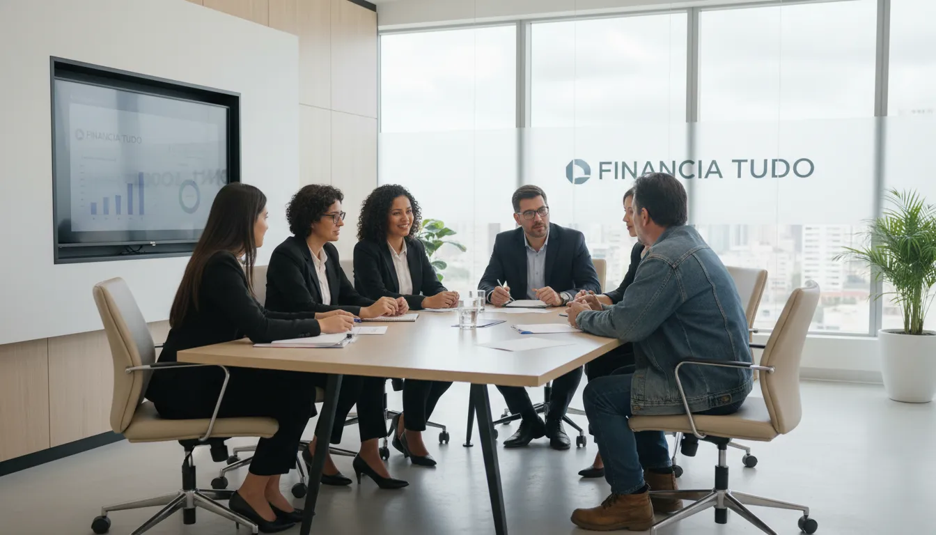 Consultores da Financia Tudo reunidos com um cliente, representando o serviço de refinanciamento de caminhão para pagar dívidas oferecido pela empresa.