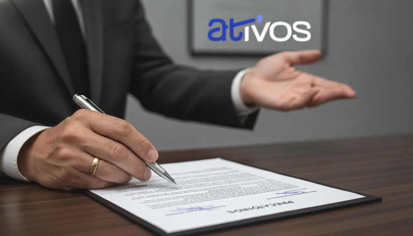 Advogado especialista em precatórios revisando cláusulas de documento legal, focado em detalhes e precisão.