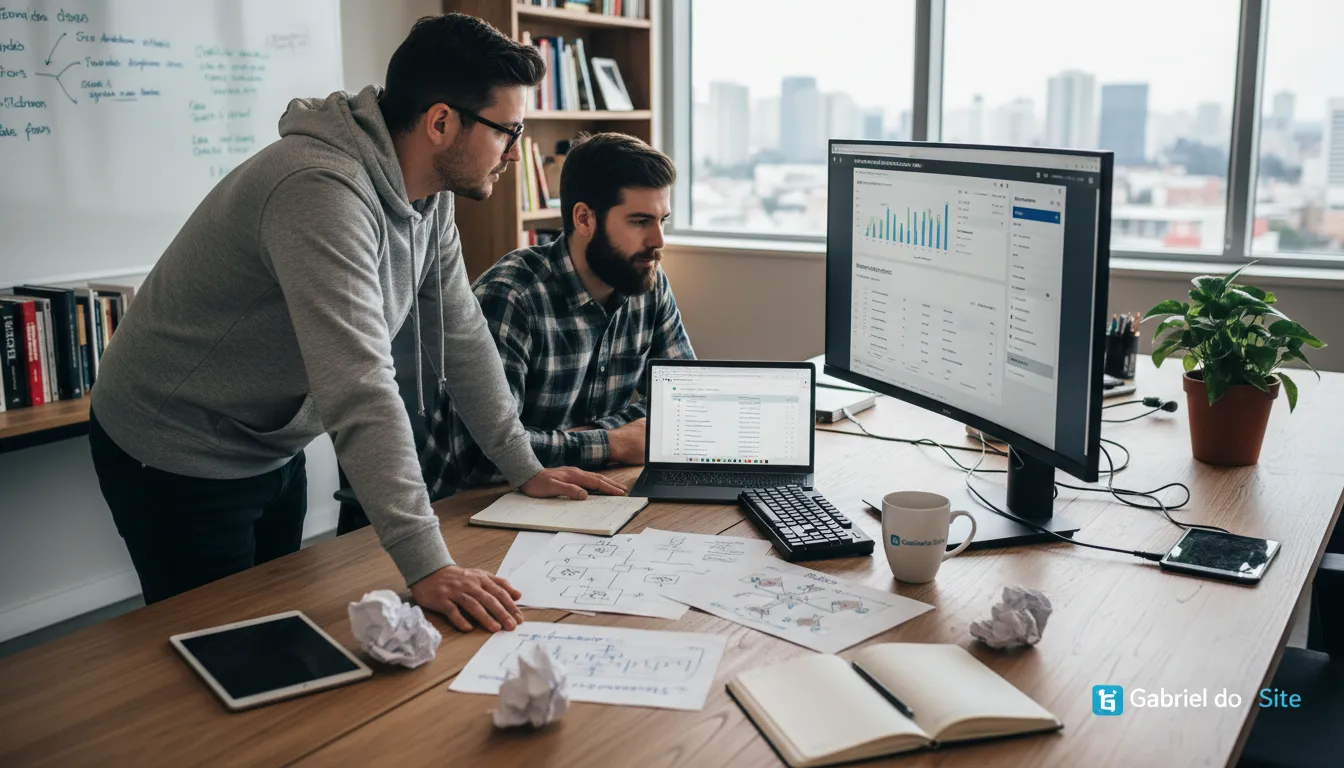 Migrar de Wix para WordPress em 2026: Guia Prático 2 Equipe técnica ajustando redirecionamentos 301 e analisando resultados após migração para WordPress.