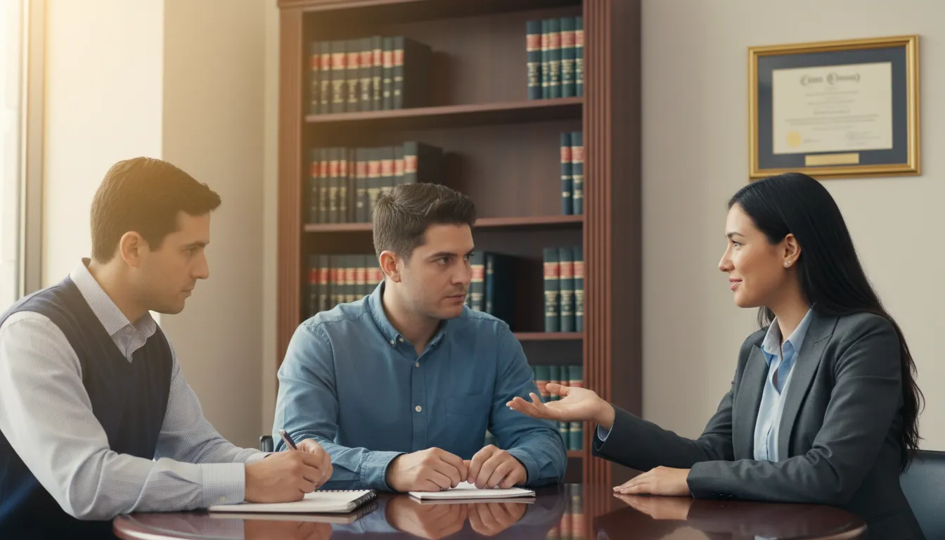 Advogados e cliente discutem direitos após demissão por justa causa, buscando soluções jurídicas.