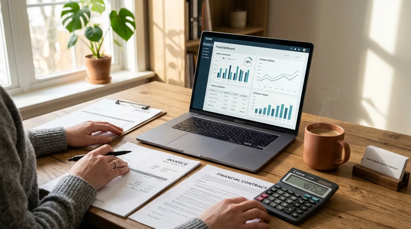 Organização de notas fiscais e contabilidade para influenciadores digitais na mesa de trabalho.