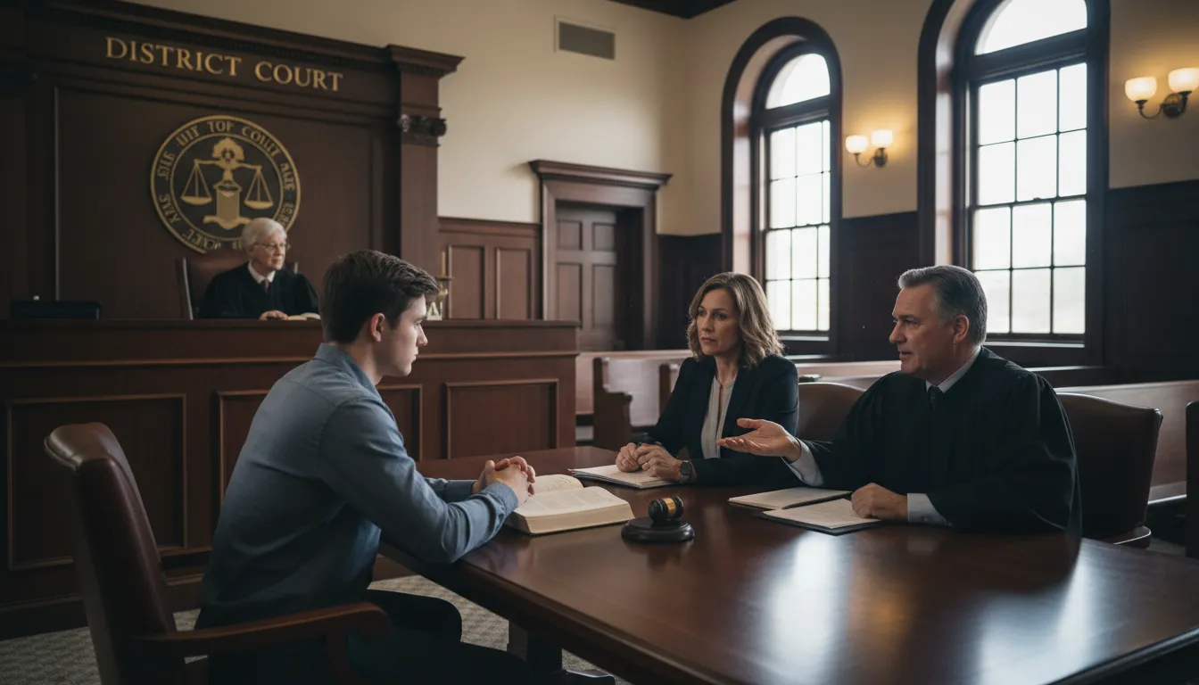 Cena de tribunal onde juiz expõe alternativas cautelares a acusado e advogado