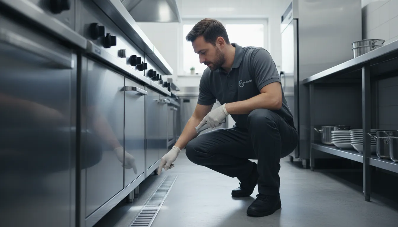 Profissional da Detecta inspecionando uma cozinha comercial, aplicando controle de formigas, essencial para empresas. Destaque para prevenção e manejo.