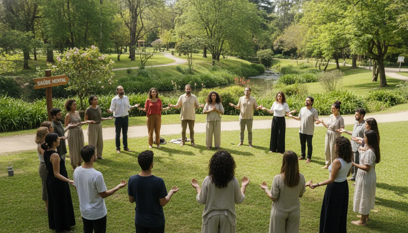 Grupo diverso participando de meditação guiada em parque, promovendo a saúde mental e o bem-estar em um ambiente natural e acolhedor.