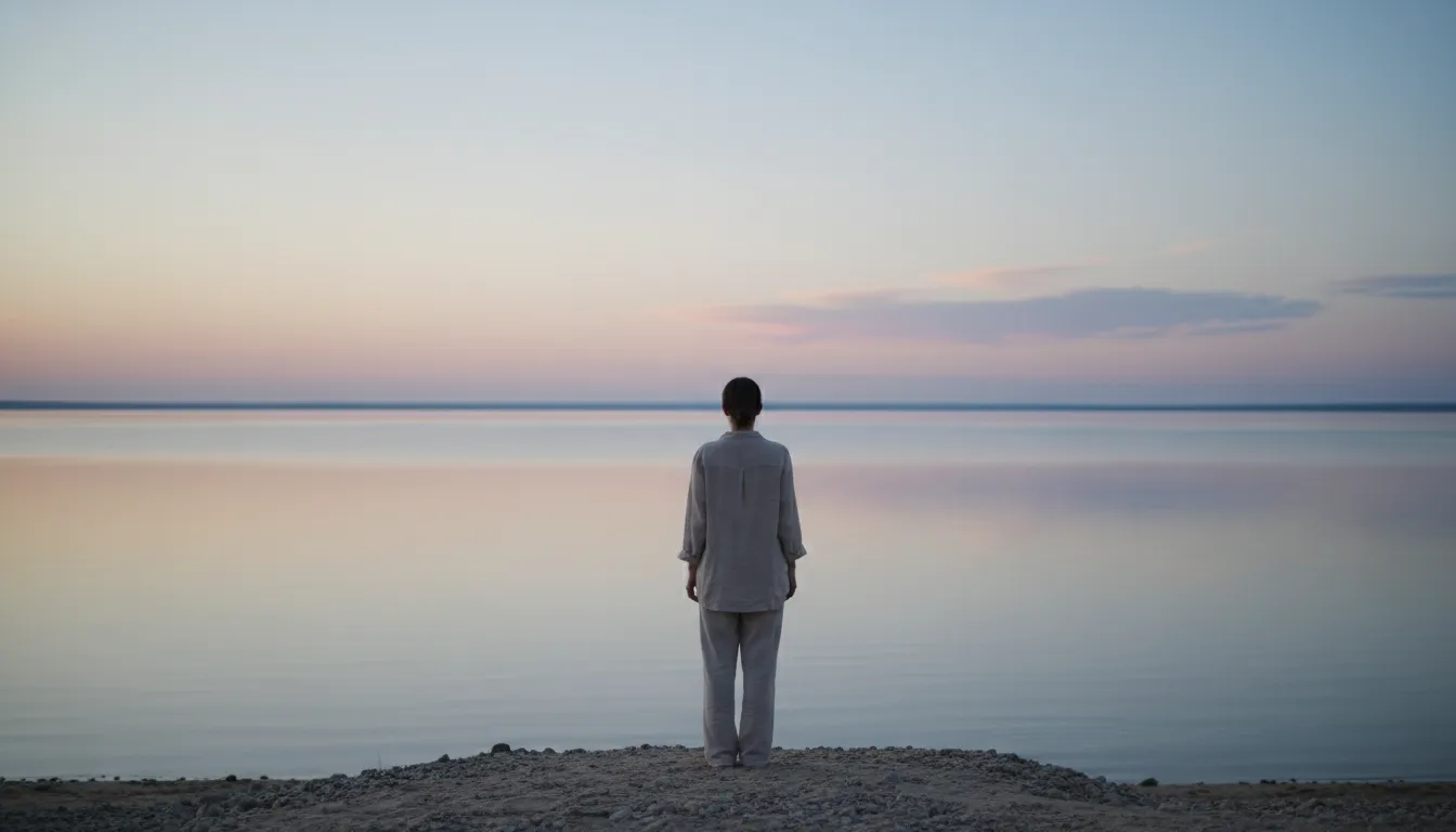 Pessoa de costas contemplando vasto corpo d'água ao amanhecer, encontrando paz no luto. Serenidade e cura.