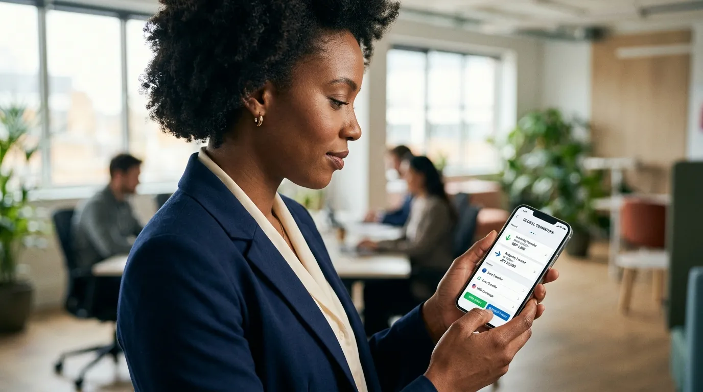 Empresaria monitorando transacoes financeiras na conta jurídica internacional pelo celular.
