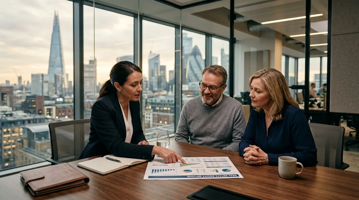 Consultoria financeira explicando as regras do home equity com imóvel alugado para investidores.