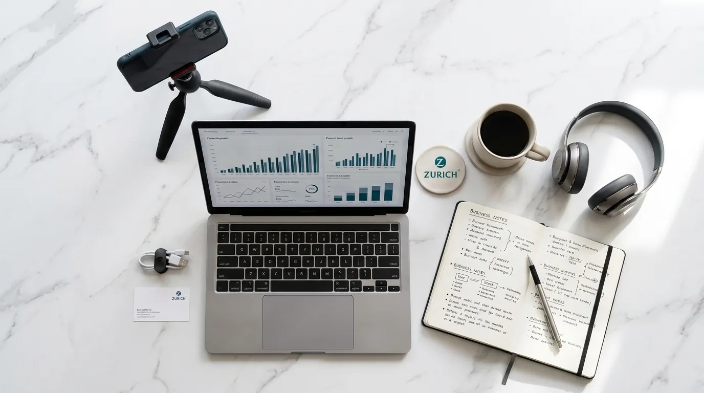 Mesa de trabalho com relatórios fiscais e contabilidade para influenciador digital.