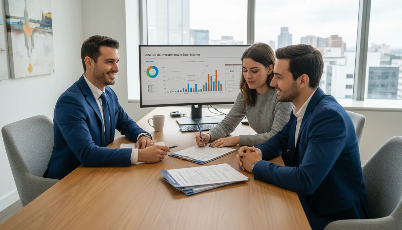 Consultor financeiro orienta casal sobre crédito com gráficos em escritório, clima de confiança