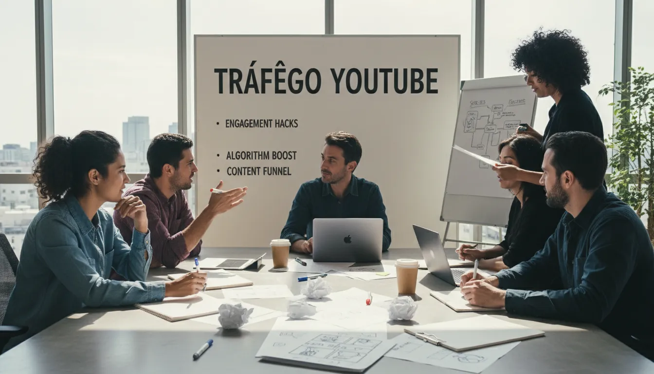 Equipe colaborando em ideias de conteúdo para YouTube, com storyboards e scripts, representando a gestão de tráfego de conteúdo.