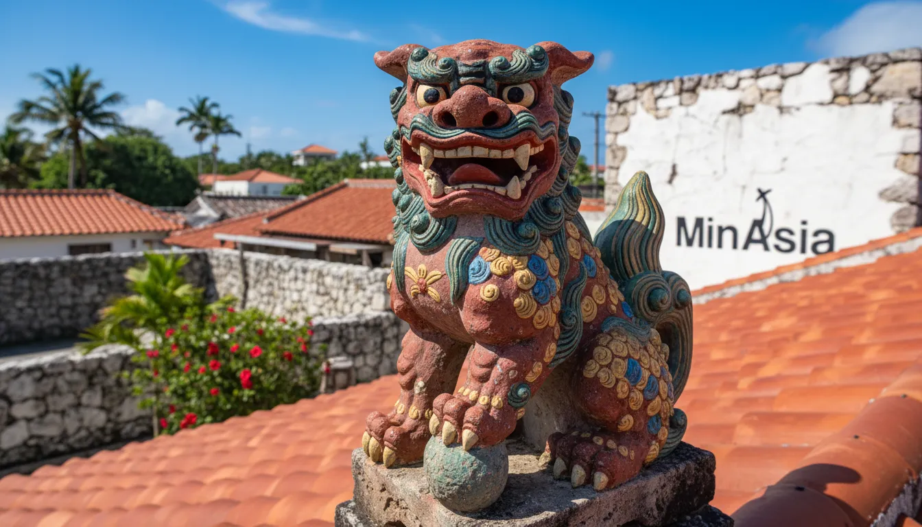 Close-up detalhado de uma estátua Shisa tradicional de okinawa japão, guardando um telhado vermelho.