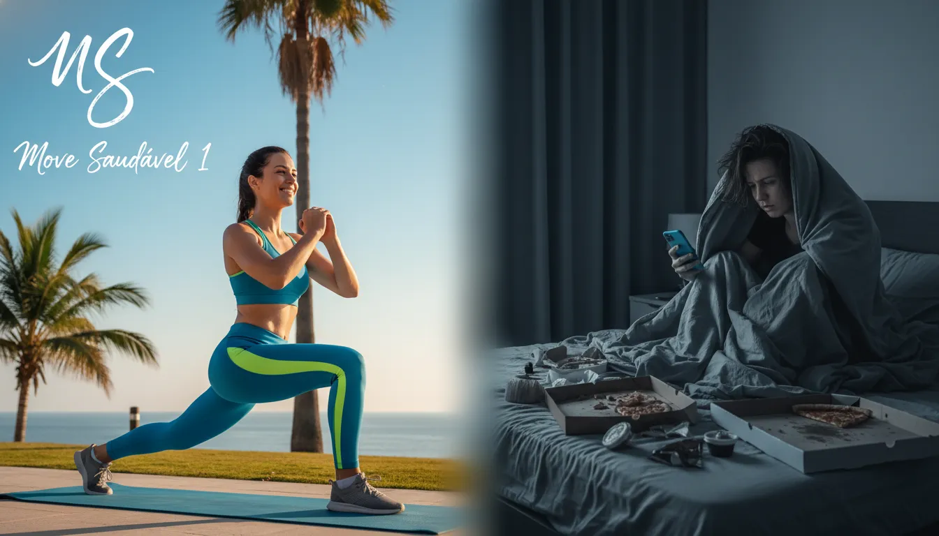 Comparativo de energia matinal: exercícios versus cansaço após jantar tarde engorda, mostrando os efeitos no metabolismo.