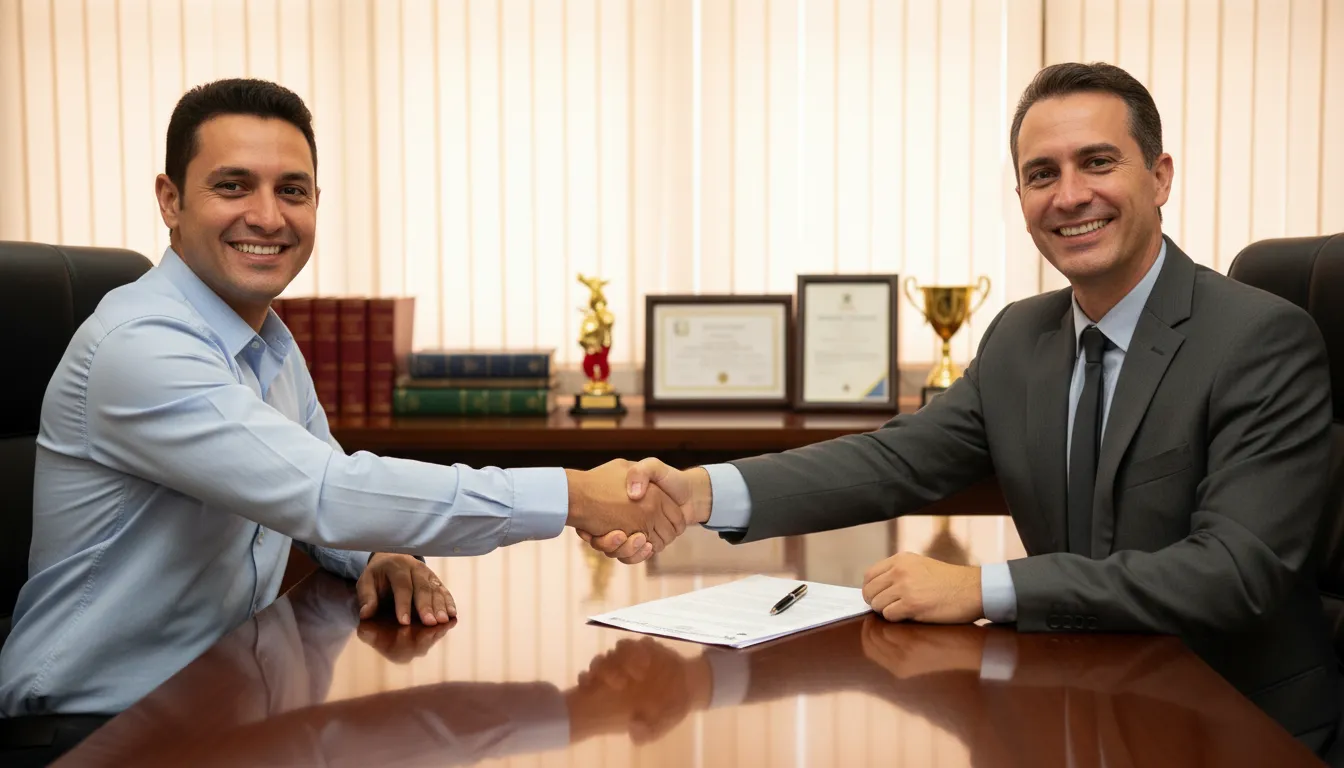 Sucesso em Timbó: advogado e cliente celebram a resolução favorável de uma ação contra plano de saúde, reforçando a proteção legal.