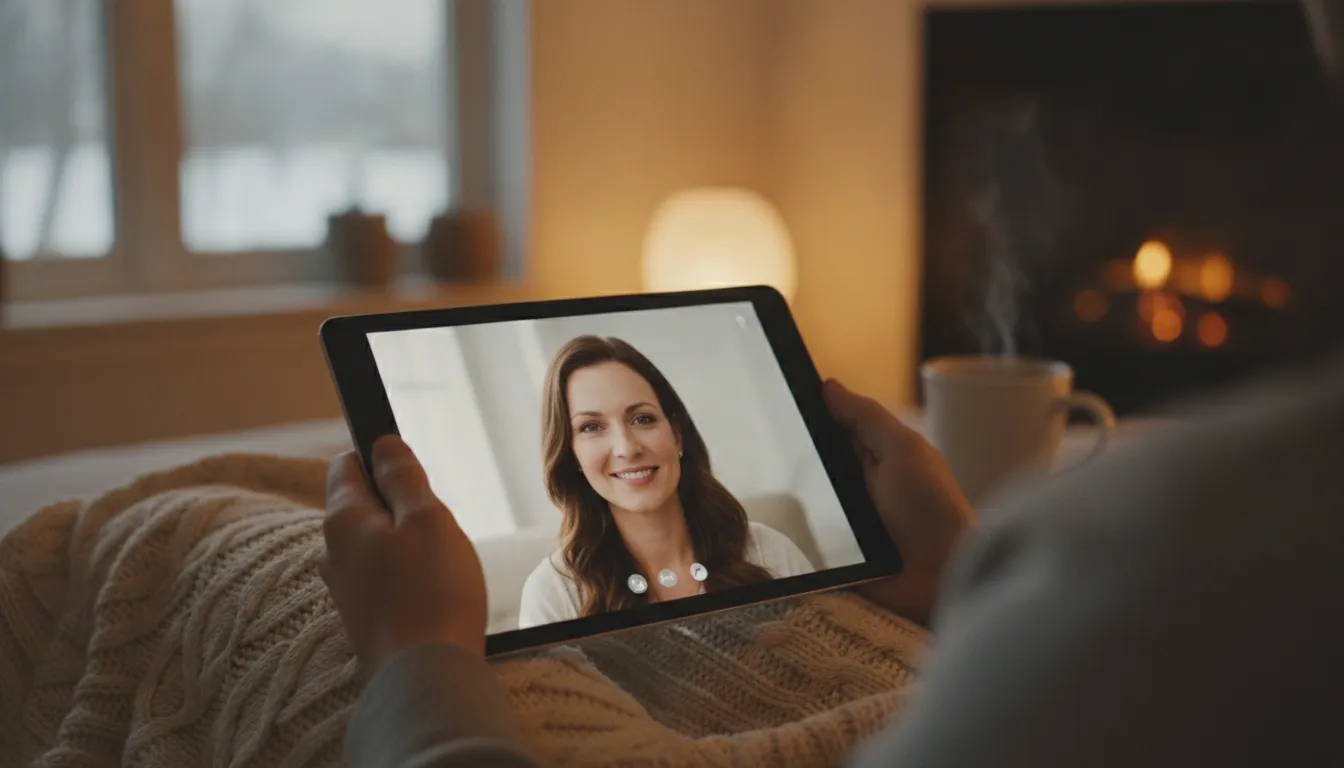 Mãos segurando tablet com sessão de terapia online, promovendo saúde mental no inverno.