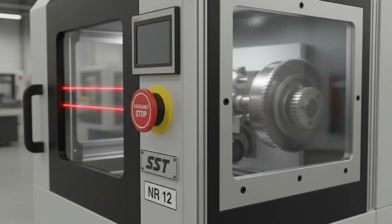 Um close-up dos mecanismos de segurança de uma máquina, demonstrando a importância da nr 12 na prevenção de acidentes. Logo da SST próximo ao painel de controle.