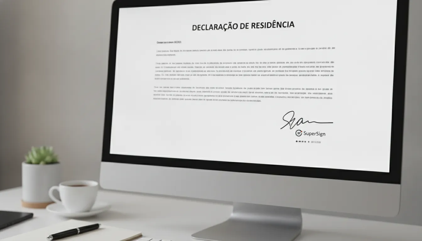 Declaração de residência digitalmente assinada na tela do computador, com validade jurídica e selo SuperSign.