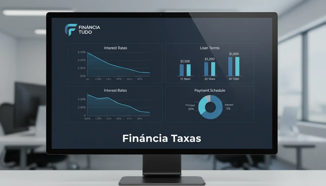 Interface digital mostrando um painel financeiro com gráficos representando as taxas de financiamentos, termos de empréstimo e planos de pagamento, com a marca Financia Tudo.