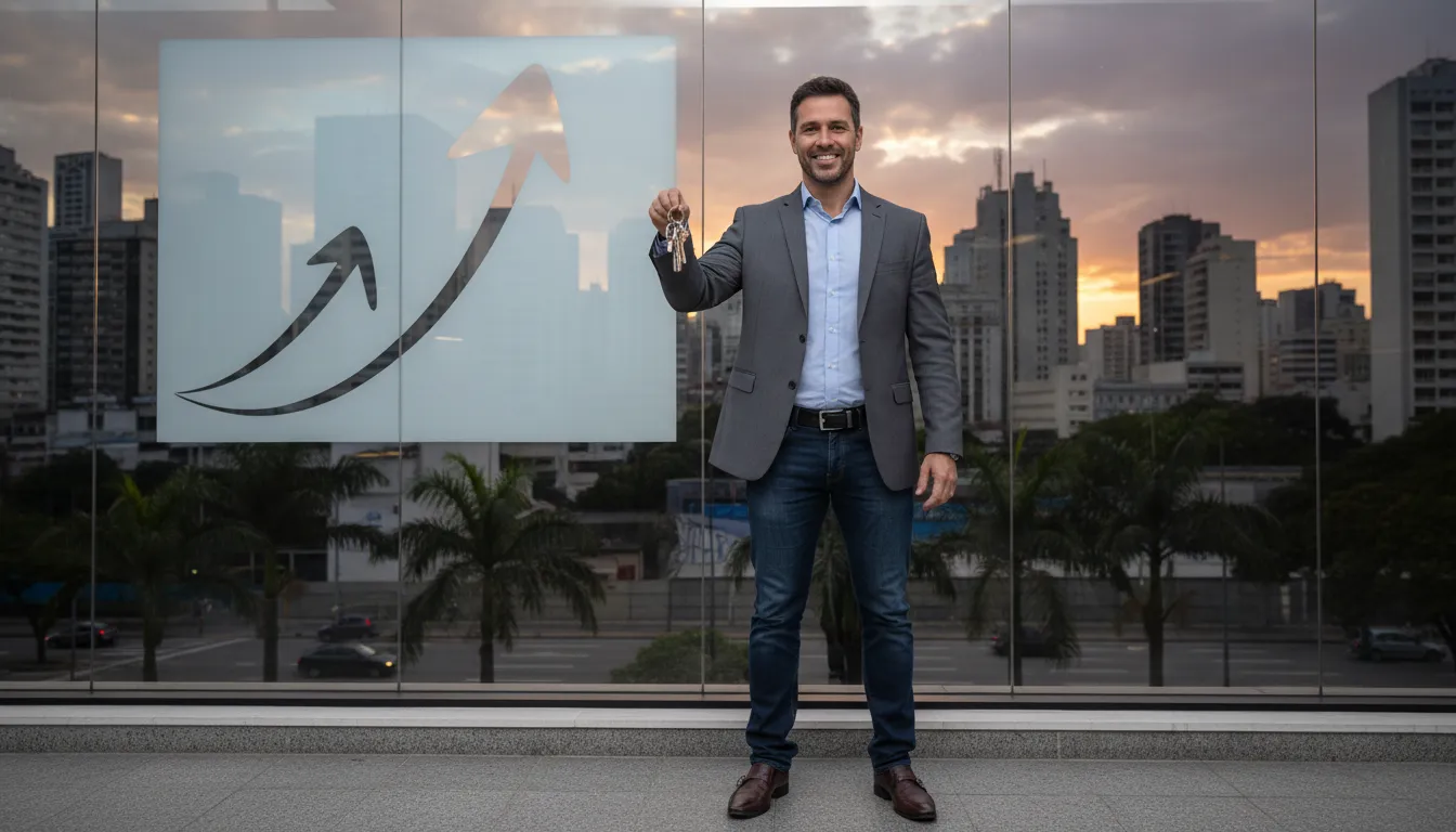 Empreendedor sorrindo em frente ao seu novo escritório em São Paulo, simbolizando o sucesso na abertura de empresa em Sao Paulo.