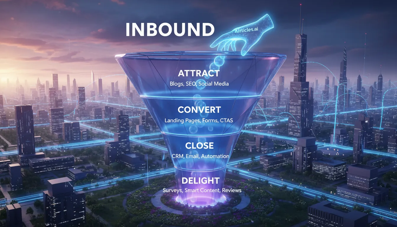 Ilustração digital do funil de Inbound marketing: o método Airticles.ai guiando leads com conteúdo otimizado.