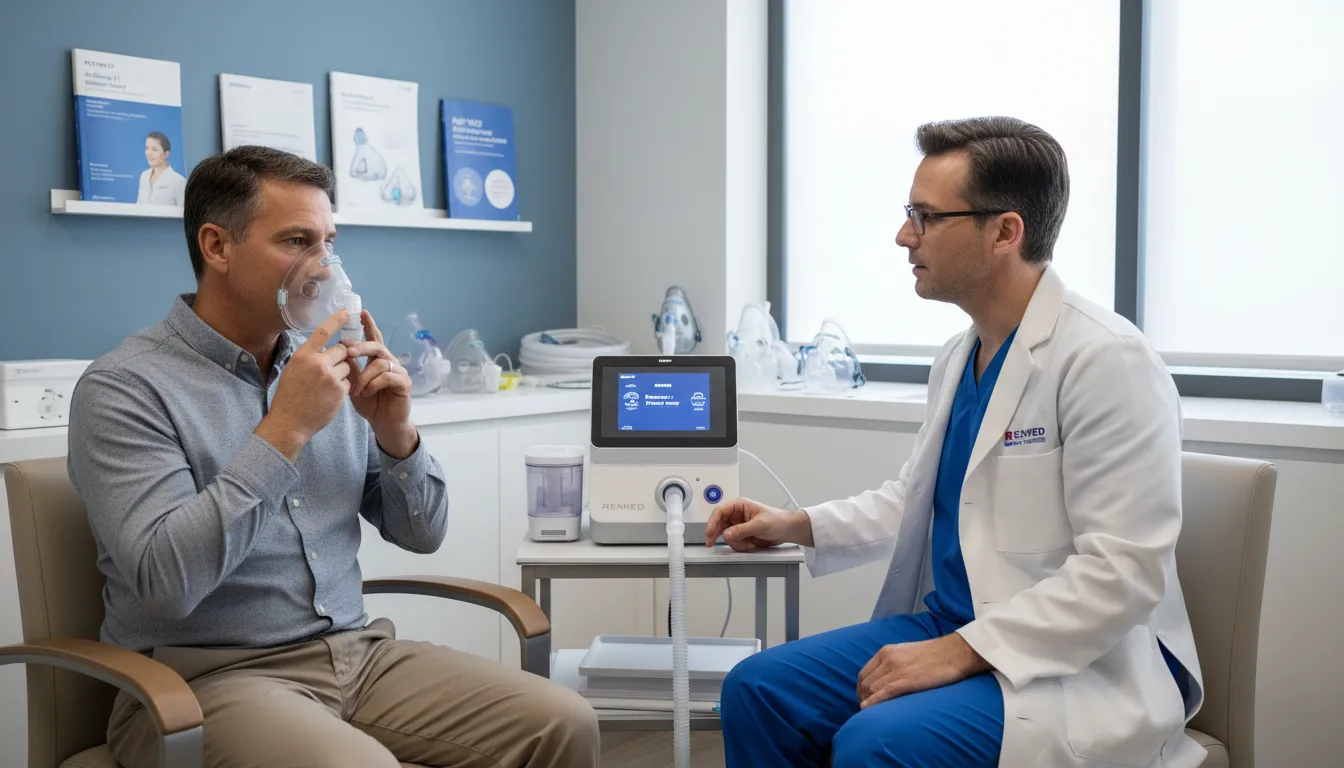 T&eacute;cnico de sa&uacute;de explicando sobre o uso e manuten&ccedil;&atilde;o do CPAP AirSense para paciente em consult&oacute;rio.