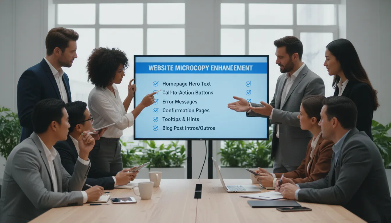 Microcopy que Converte: Textos Curtos para Formulários, Campos e Erros 2 Equipe de marketing revisando checklist digital com dicas de microcopy em um ambiente de trabalho colaborativo.