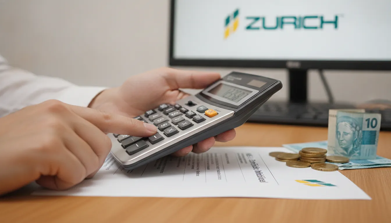 Mãos calculando valor INSS autônomo 2026, com calculadora e notas fiscais da Zurich Contábil.