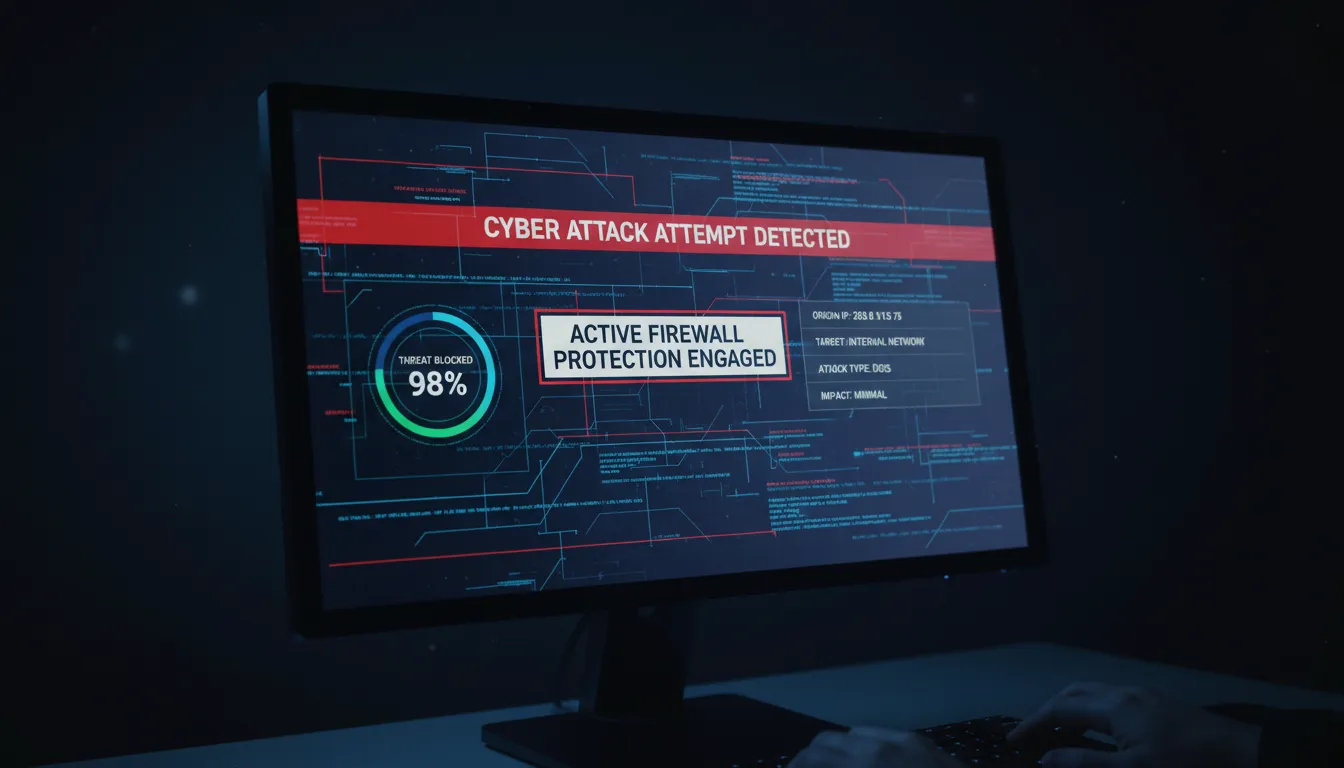Computador apresenta alerta de ataque cibernético com firewall ativo e gráficos de ameaças em destaque.