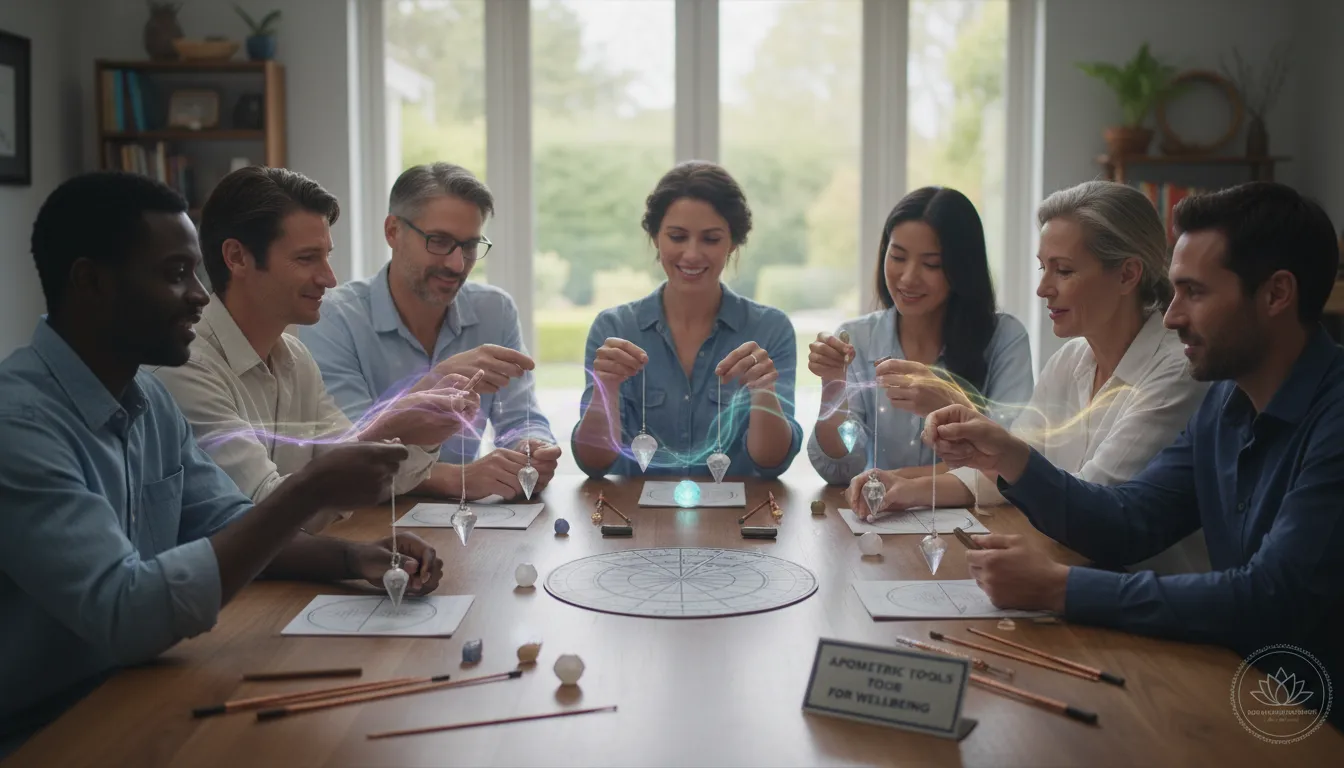 Grupo de pessoas experienciando terapia apométrica em ambiente sereno e focado no bem-estar.