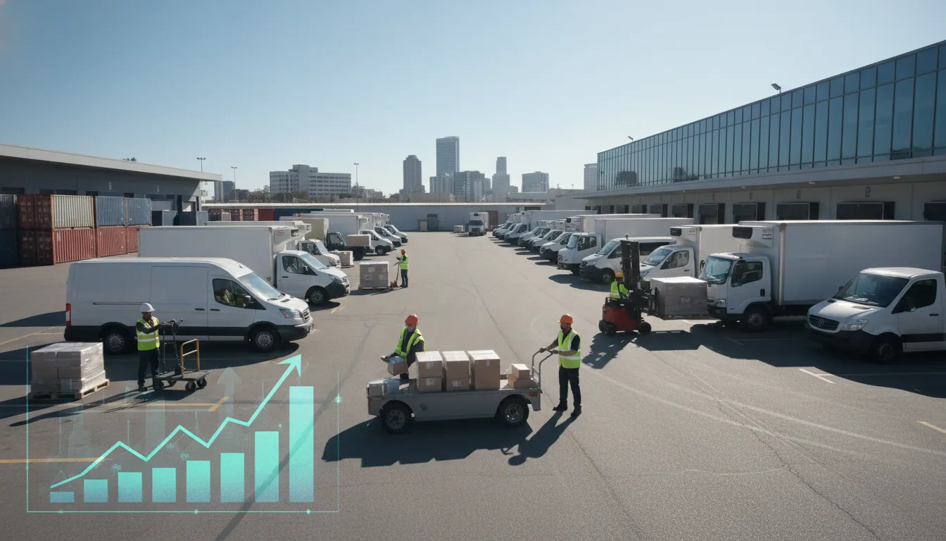 Frota de veículos utilitários em área industrial com gráficos financeiros, simbolizando refinanciamento utilitário empresa.