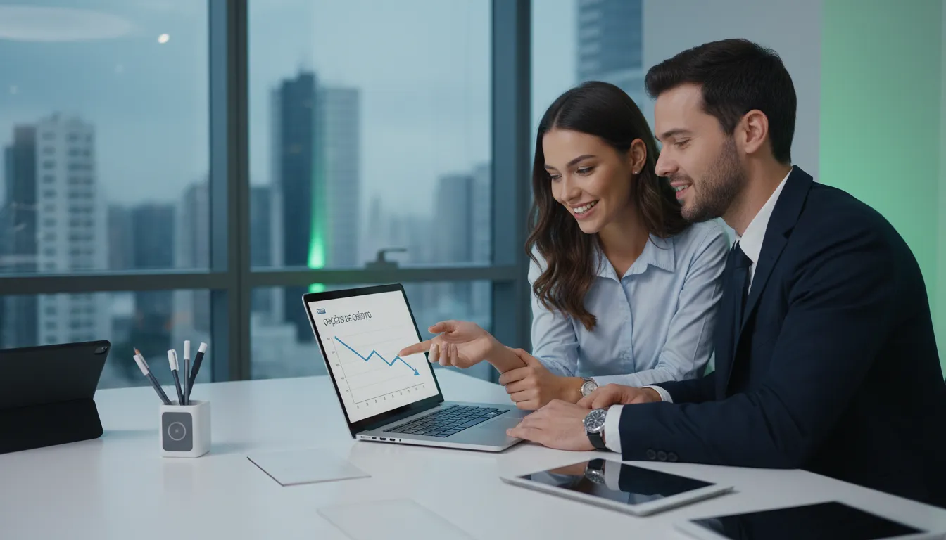 Consultor financeiro apresenta condições de crédito com juros baixos a casal, em ambiente moderno e digital.