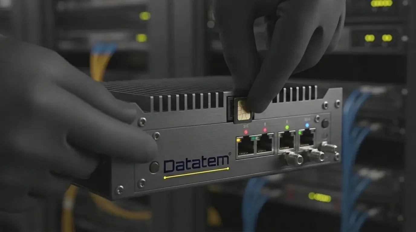 Chip M2M sendo inserido em um gateway IoT, destacando conectividade e a importância do chip Datatem.