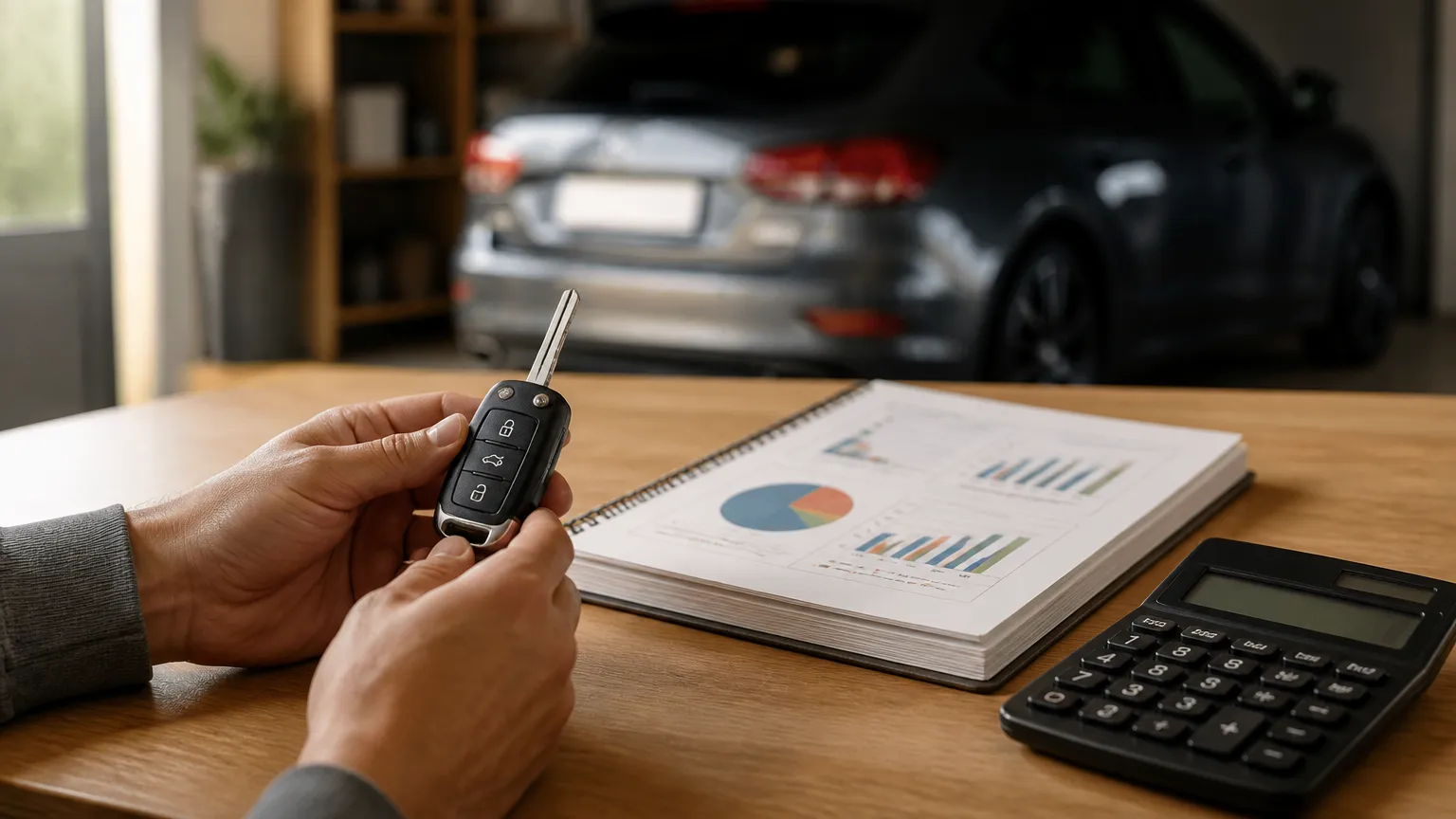 Planejamento financeiro com calculadora e chave avaliando nova parcela do refinanciamento do carro.