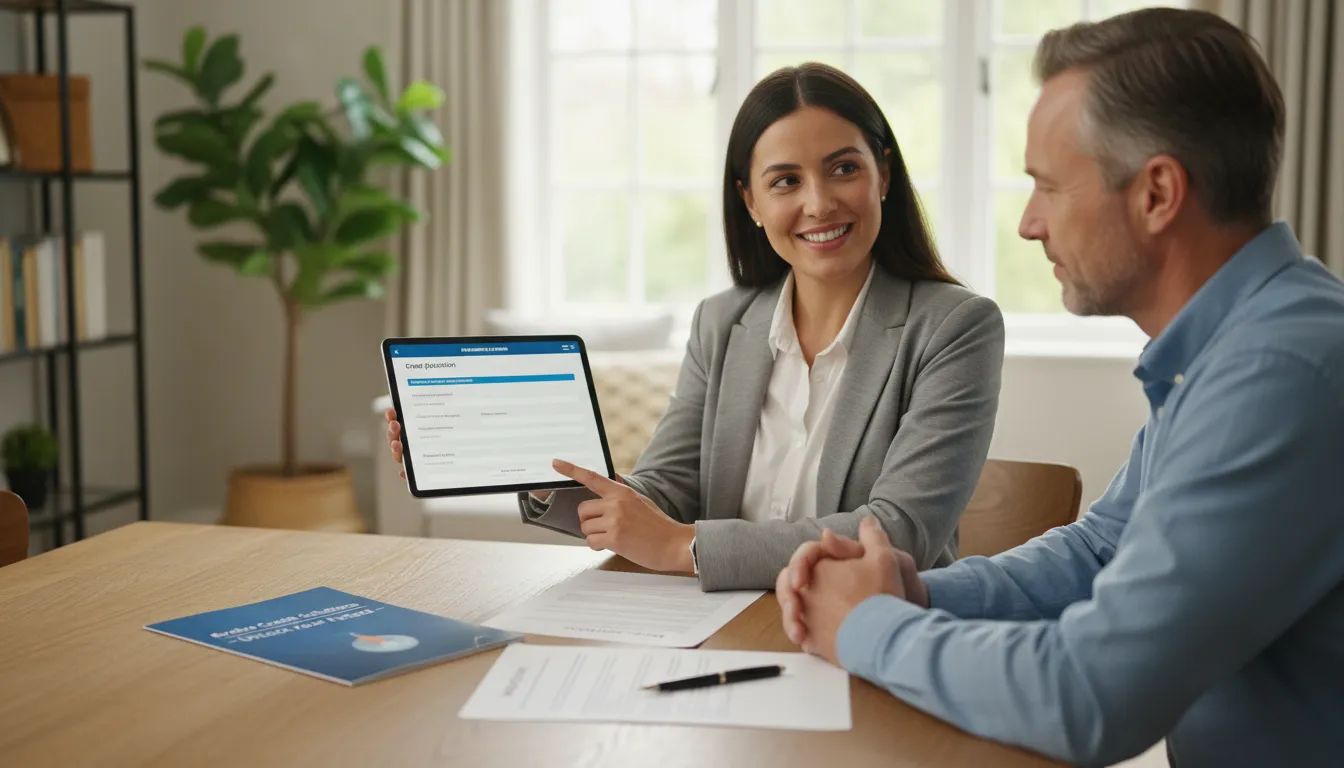 Afiliado orientando cliente na solicitação de crédito, demonstrando confiança e profissionalismo em ambiente doméstico.