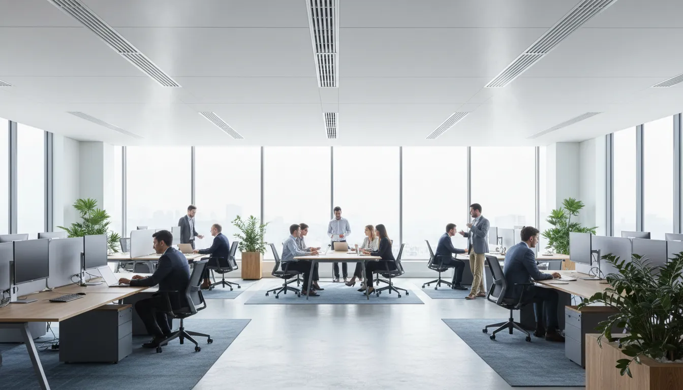 Ambiente corporativo moderno com climatização perfeita, ilustrando os benefícios da calculadora btus ar condicionado.