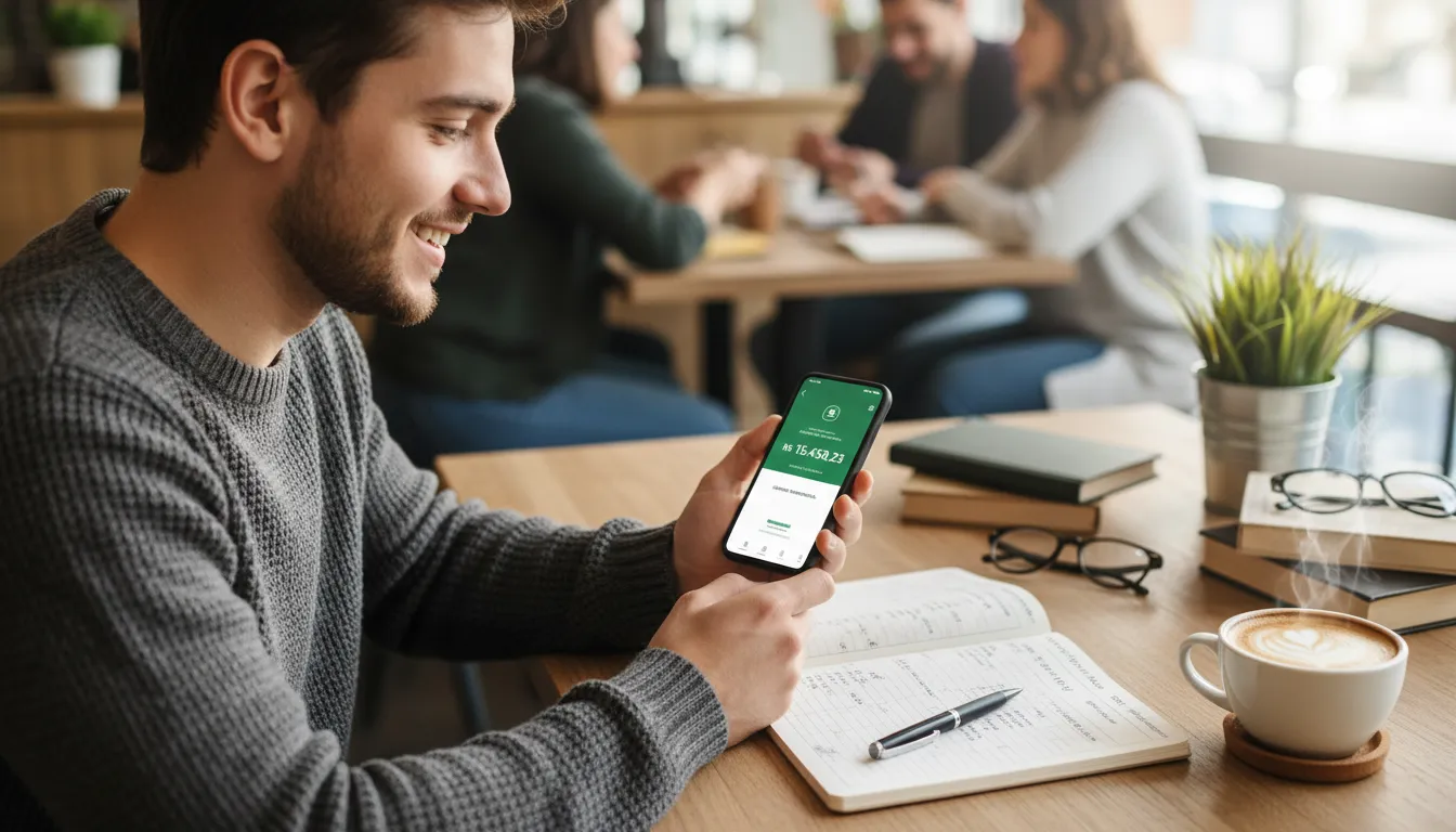 Pessoa conferindo o décimo terceiro no aplicativo bancário durante planejamento financeiro.