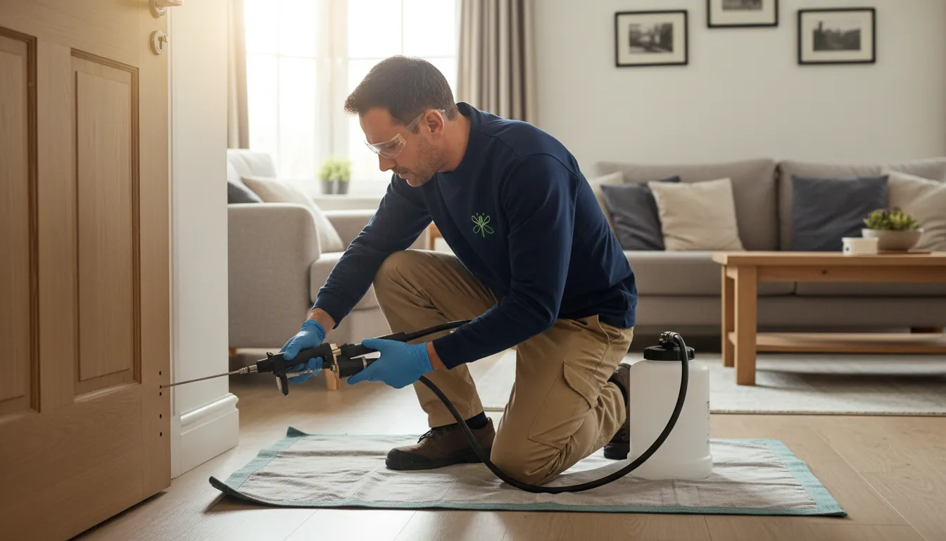 Técnico da Detecta realizando dedetização profissional para controle de cupins em residências, com segurança e precisão.