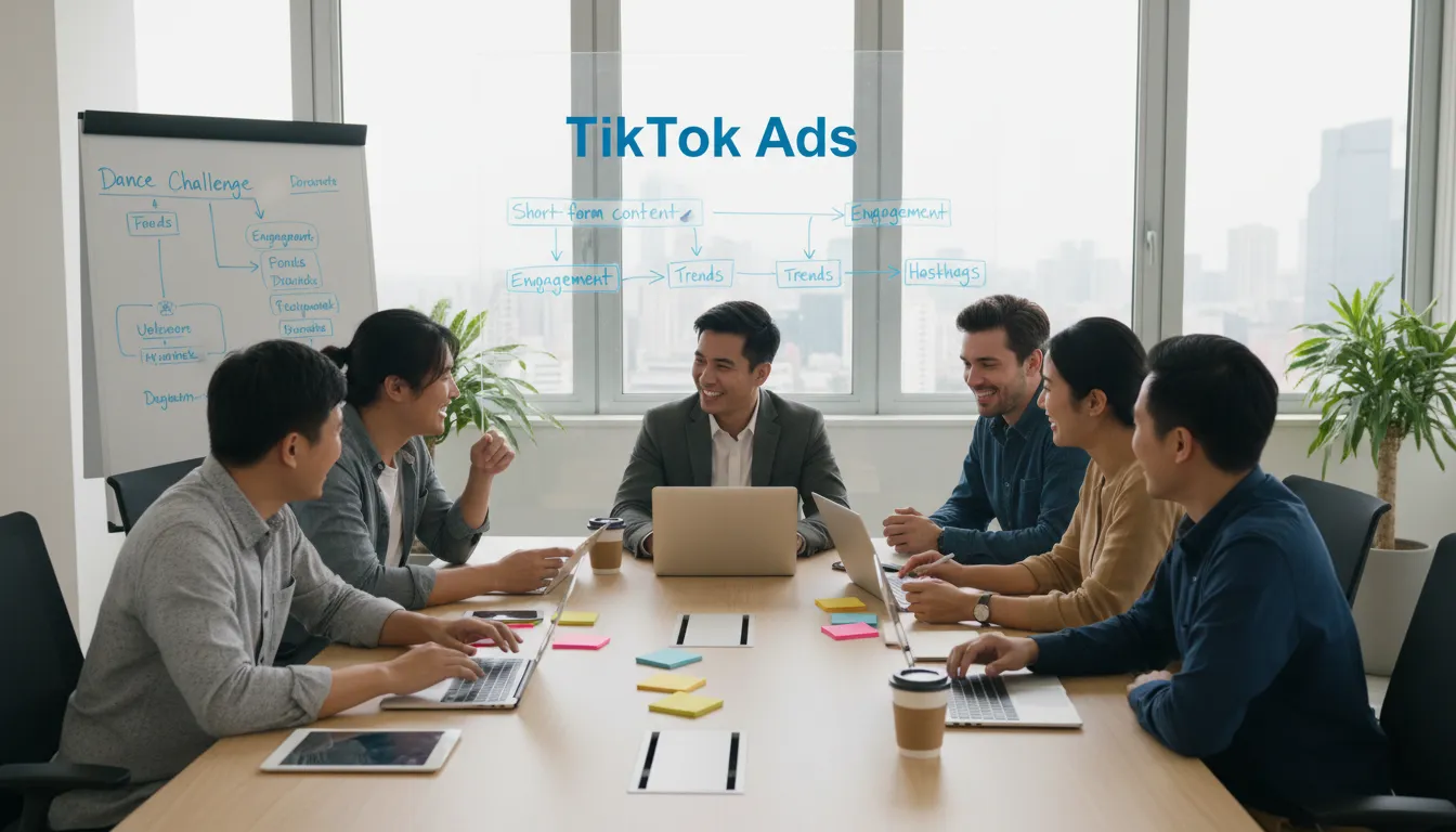 Profissionais de marketing colaboram em ideias para campanhas de tiktok ads em um ambiente de escritório moderno.