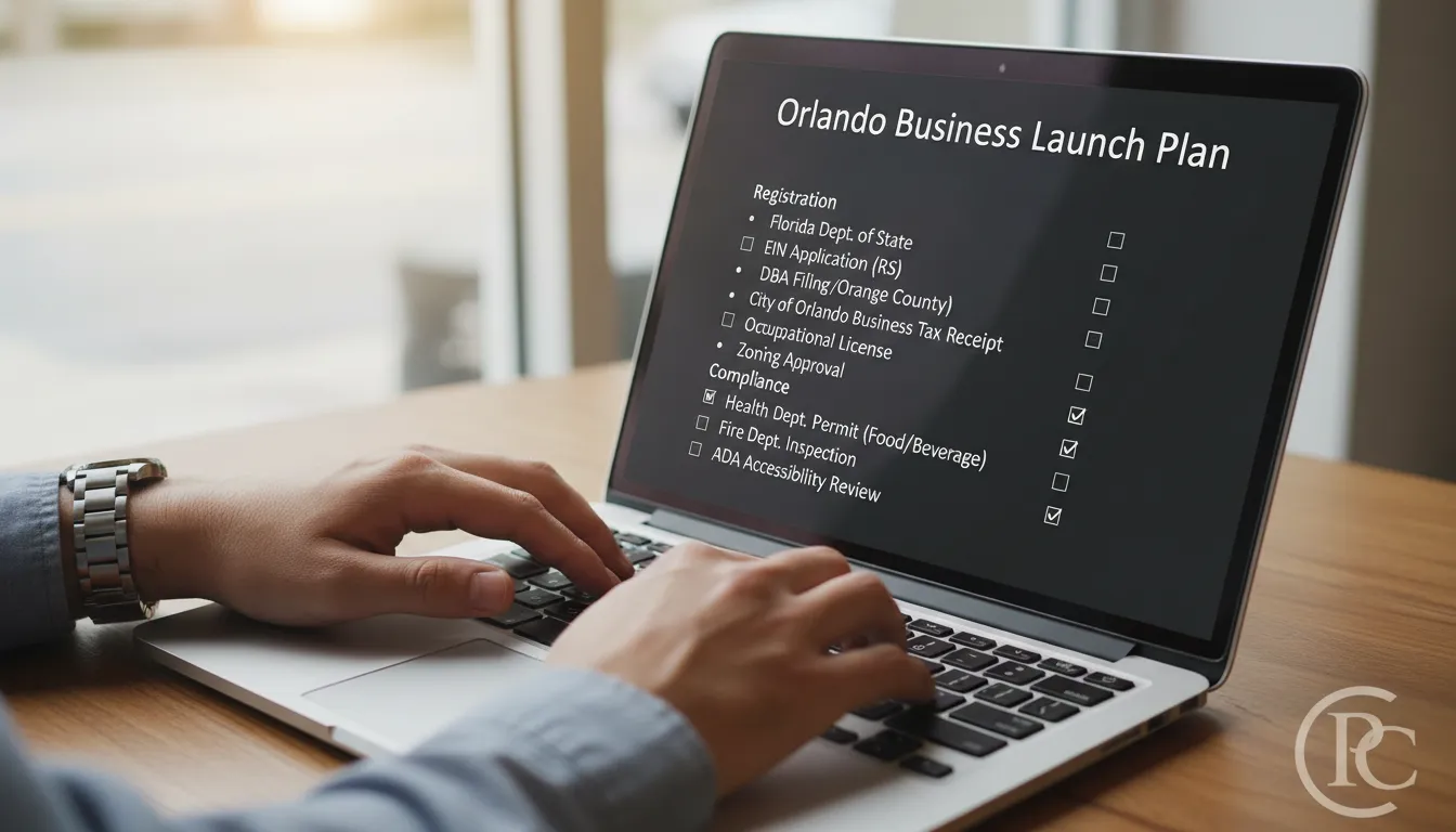 Typing a checklist for opening a company in Orlando; Prezzo Consulting watermark.