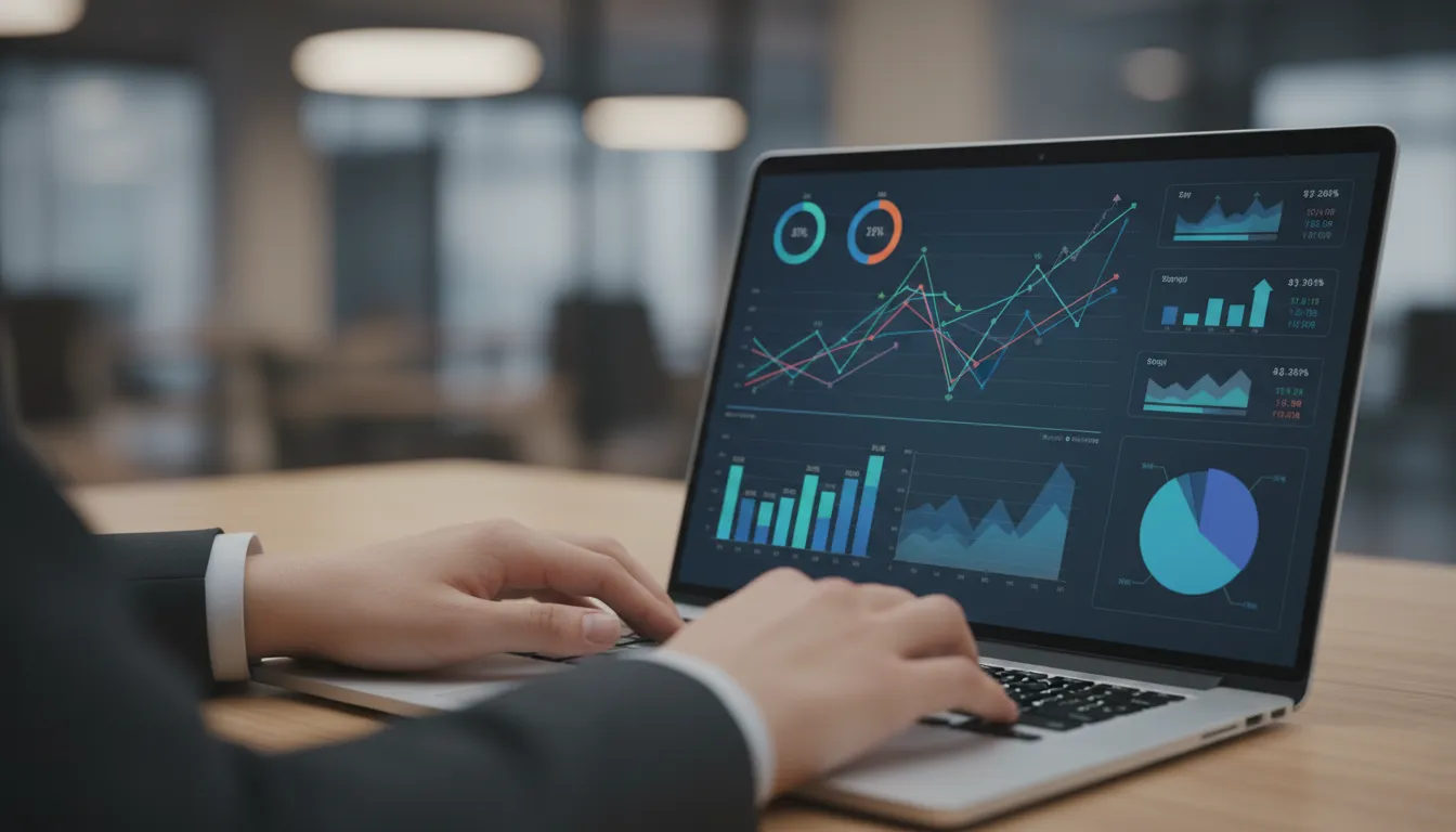 Dashboard com indicadores financeiros sendo analisado em um laptop, ilustrando a Contabilidade Especializada em Produtores Digitais e a tomada de decisões informadas.
