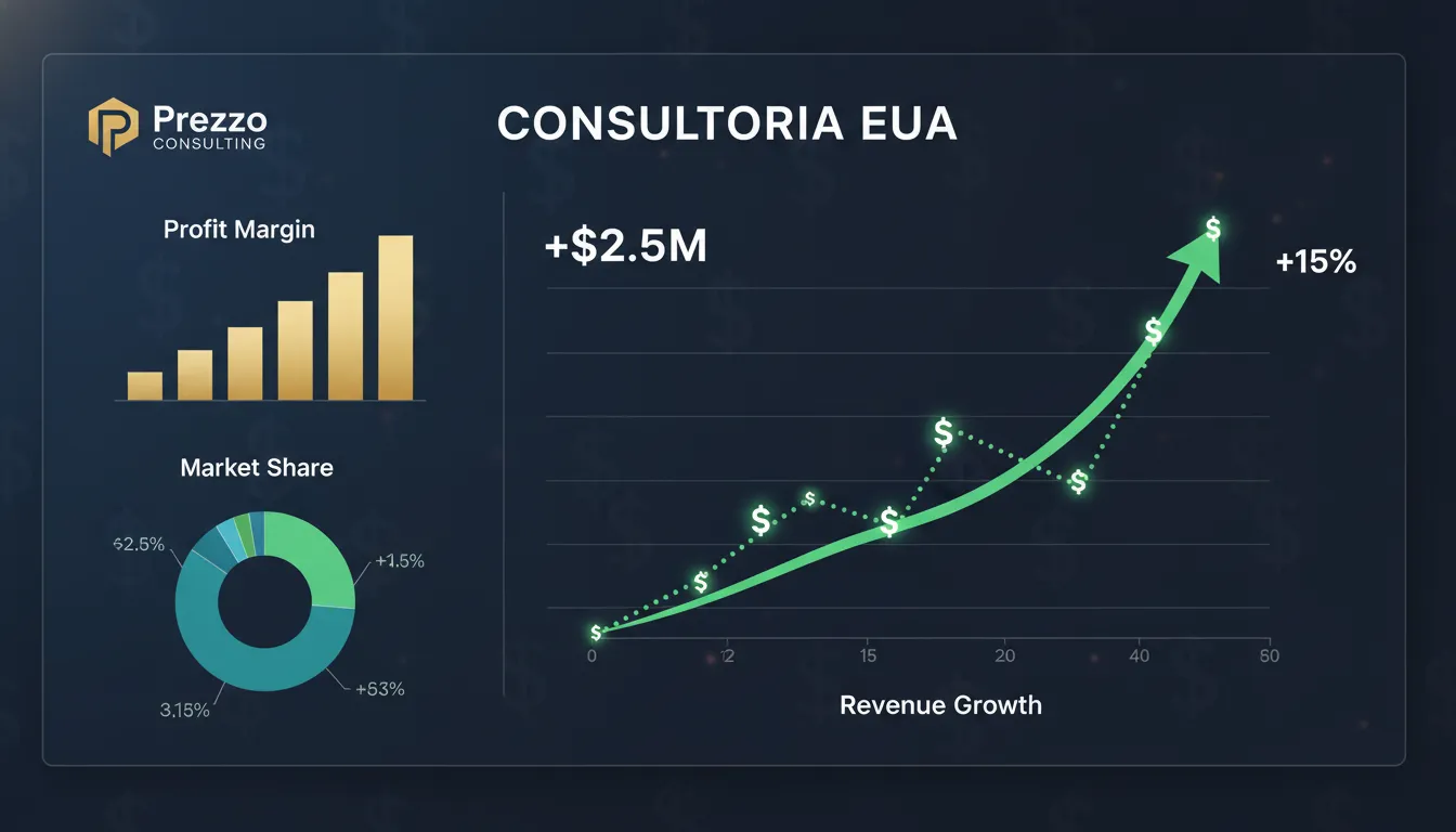 Painel financeiro ilustrativo demonstrando o sucesso de Como Abrir Uma Empresa nos EUA em 2026, com a Prezzo Consulting.