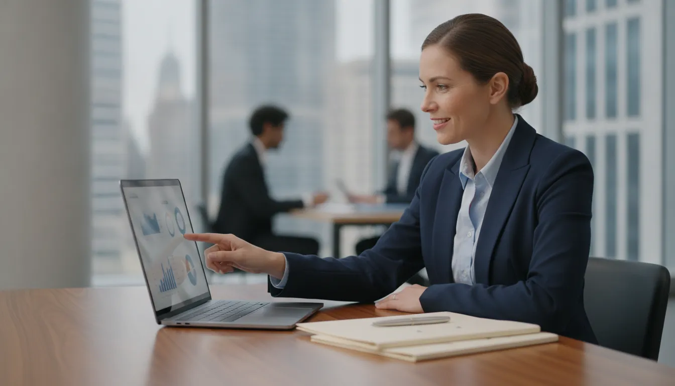 Especialista financeiro consultando informações para aprovação de crédito com expertise e confiança.
