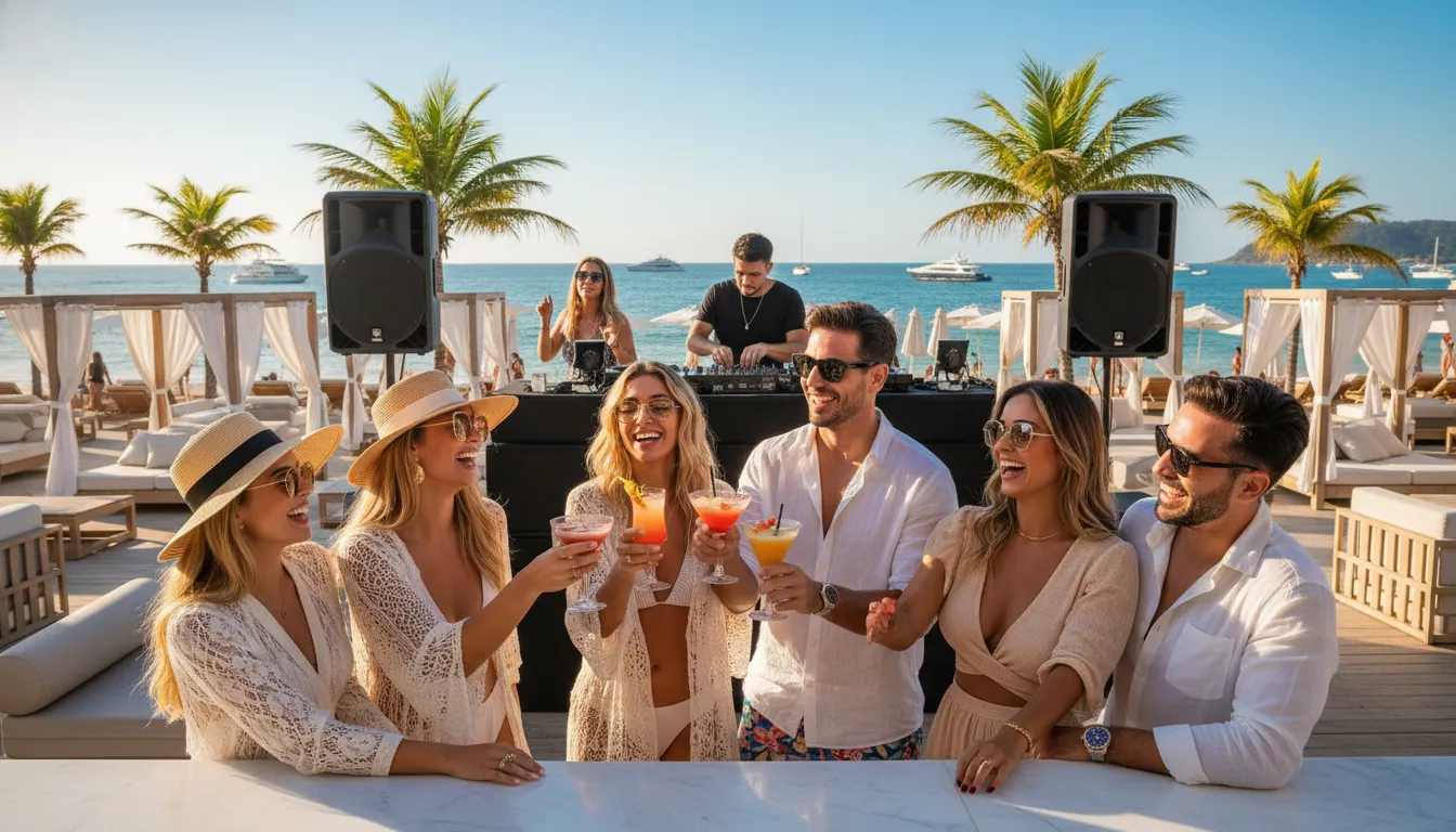 Ambiente sofisticado e vibrante de Jurerê Internacional, sinônimo de luxo nas praias Florianópolis Floripa com beach clubs e gente bonita.