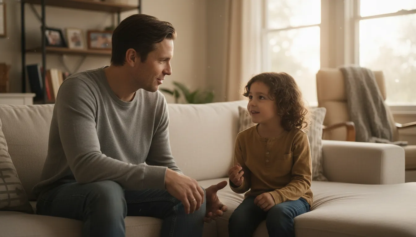 Pais e filhos conversando em sofá, com pai ouvindo atentamente, simbolizando comunicação saudável e empatia.