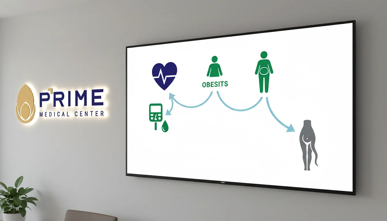 Infográfico médico mostrando a conexão entre saúde física e disfunção erétil causas, incluindo diabetes e obesidade.