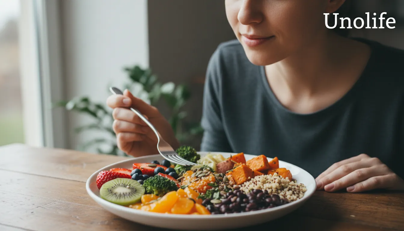 Uma pessoa ponderando sobre uma refeição saudável, destacando como a nutrição e saúde mental estão interligadas. Unolife: Cuidado com sua mente e corpo.