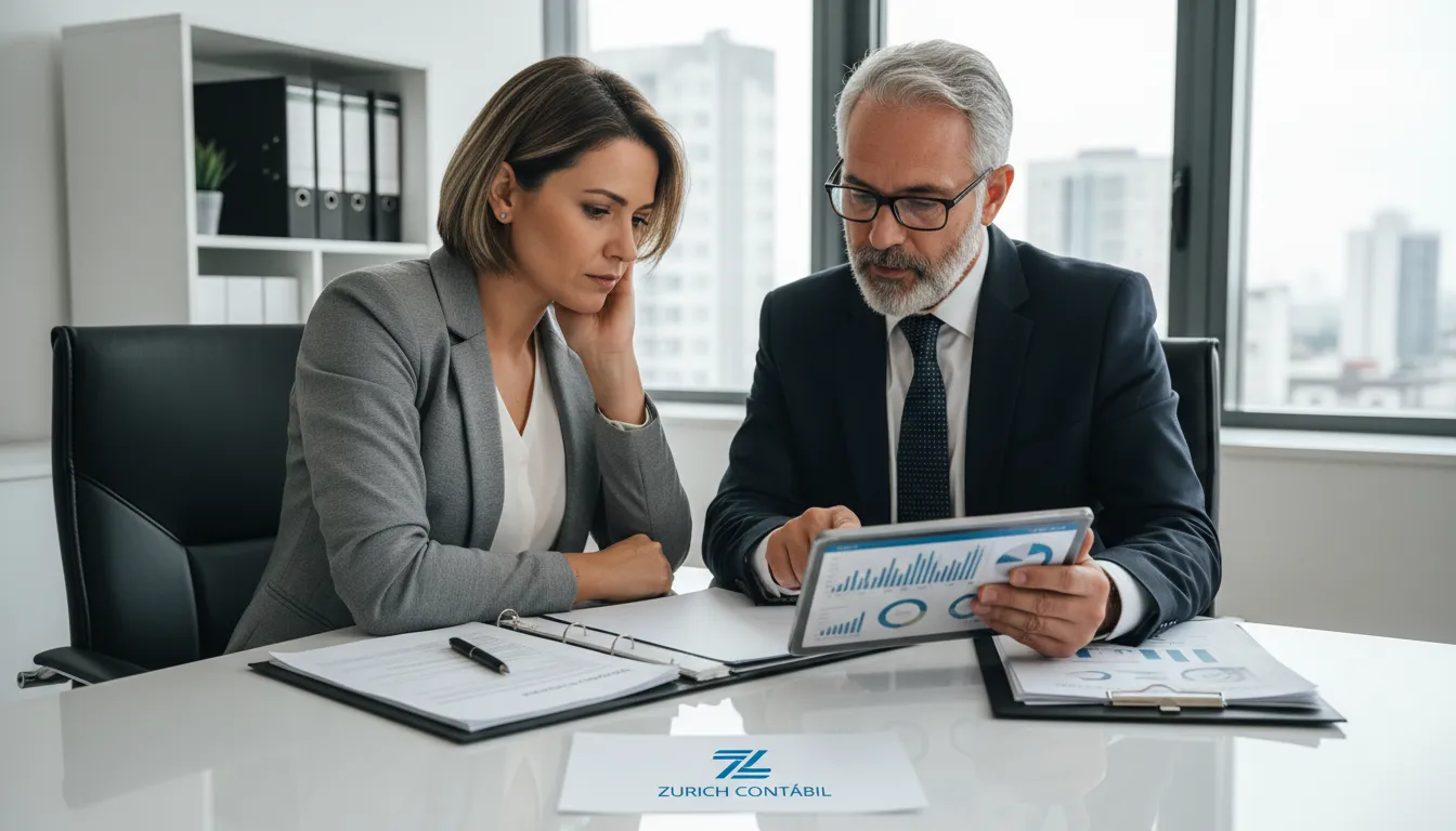 Pequeno empresário consulta contador, revisando dados digitais com orientação para precificação eficiente.